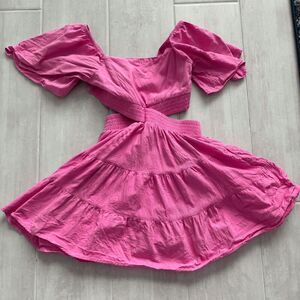 Shy Velvet Cut Out Waist Smocked Mini Spring Dress Barbie Pink Flutter Sleeves S